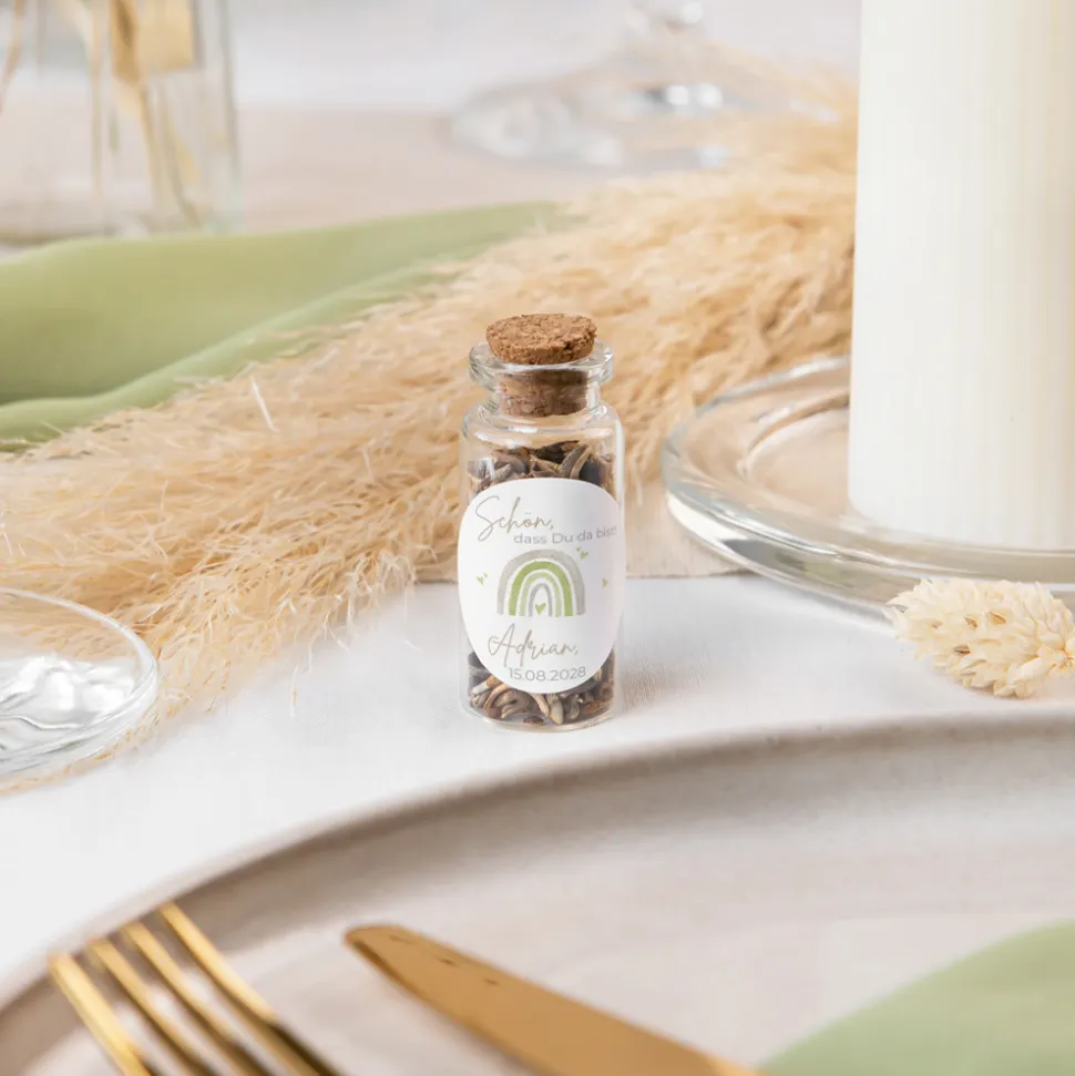 Gastgeschenk Mini Glasröhrchen mit Aufkleber "Regenbogen mit Herzen Pastell"