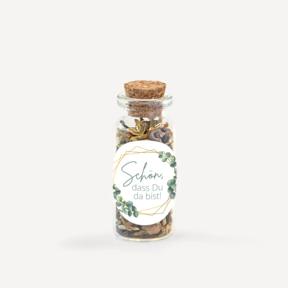 Gastgeschenk Mini Glasröhrchen mit Aufkleber "Eukalyptus Geometrie"