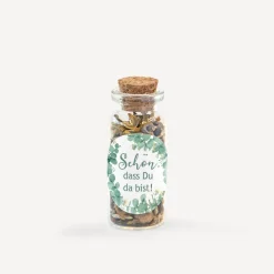 Gastgeschenk Mini Glasröhrchen mit Aufkleber "Eukalyptuskranz"