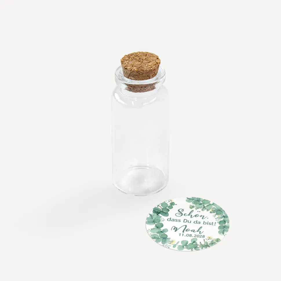 Gastgeschenk Mini Glasröhrchen mit Aufkleber "Eukalyptuskranz"