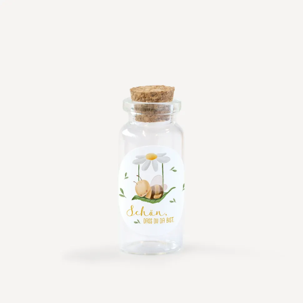 Gastgeschenk Mini Glasröhrchen mit Aufkleber "Biene im Traumland"