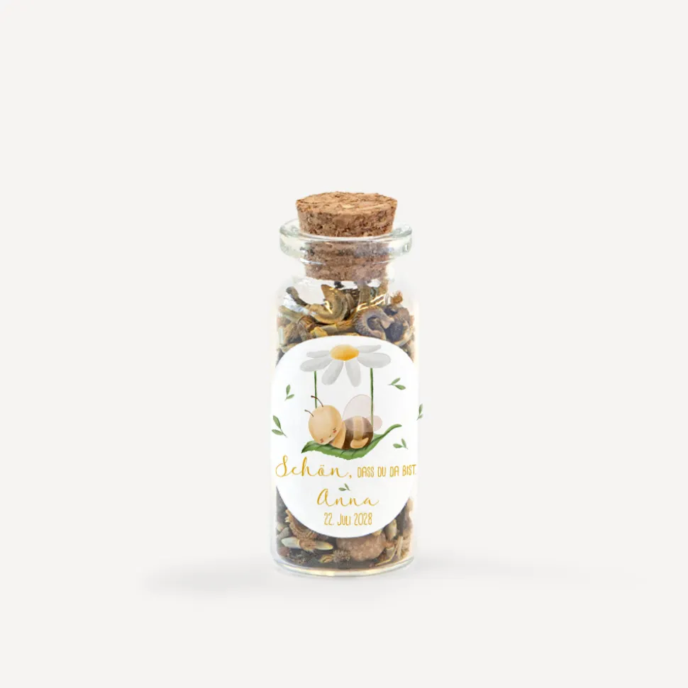 Gastgeschenk Mini Glasröhrchen mit Aufkleber "Biene im Traumland"