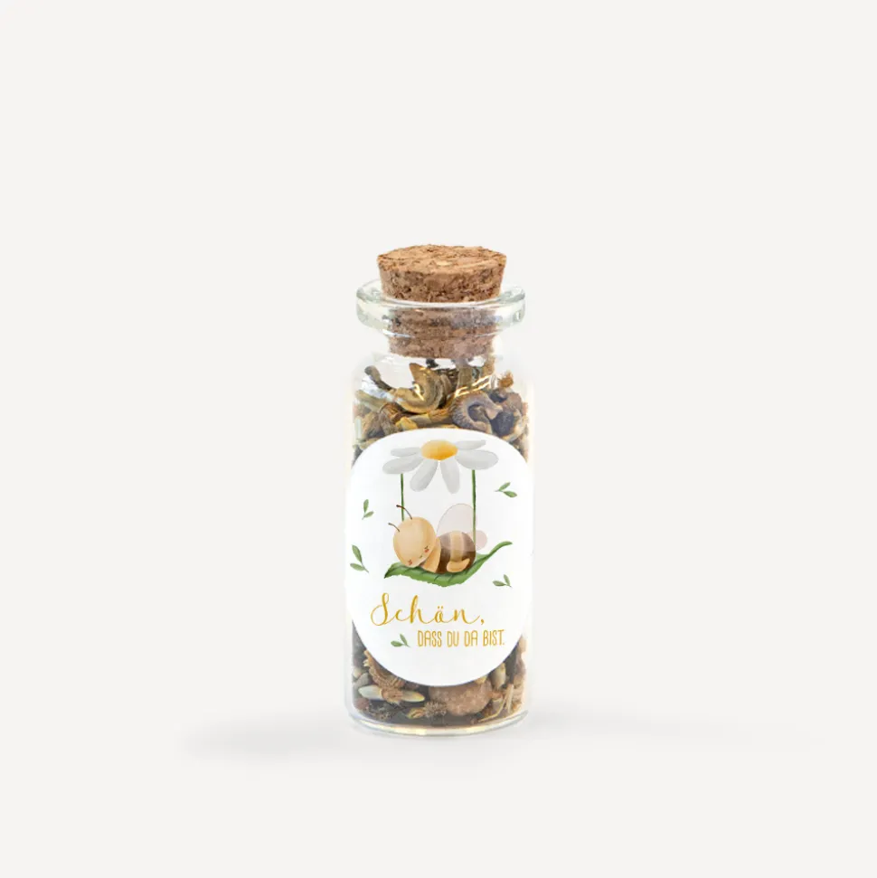 Gastgeschenk Mini Glasröhrchen mit Aufkleber "Biene im Traumland"