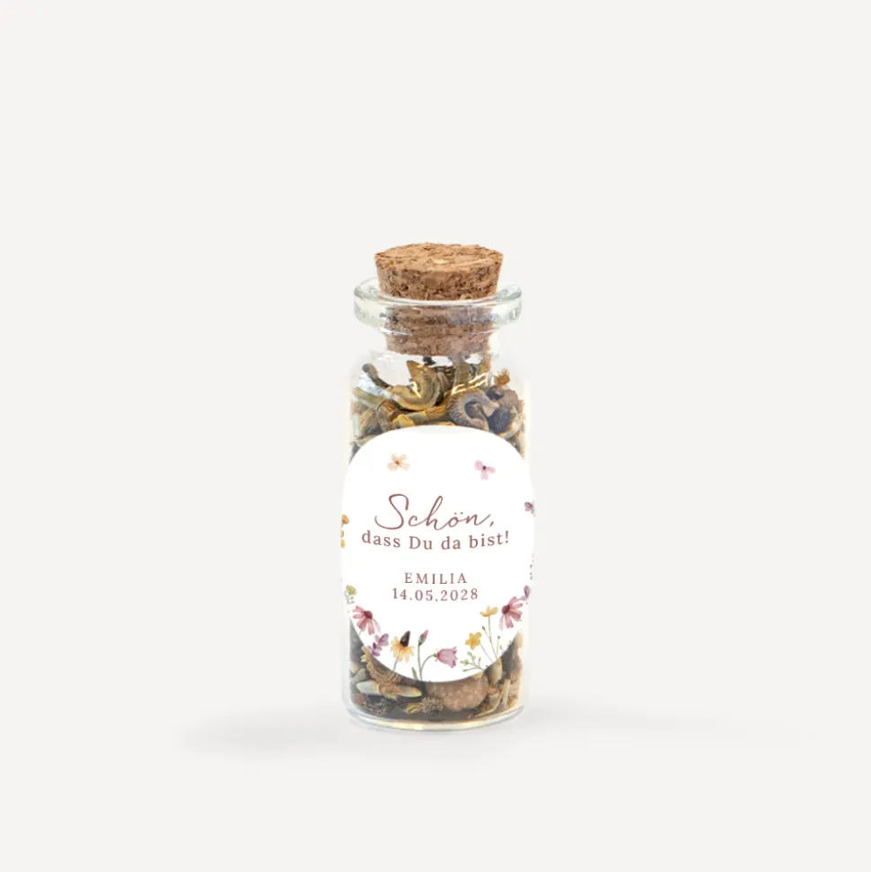 Gastgeschenk Mini Glasröhrchen mit Aufkleber "Wildromantische Blüten"