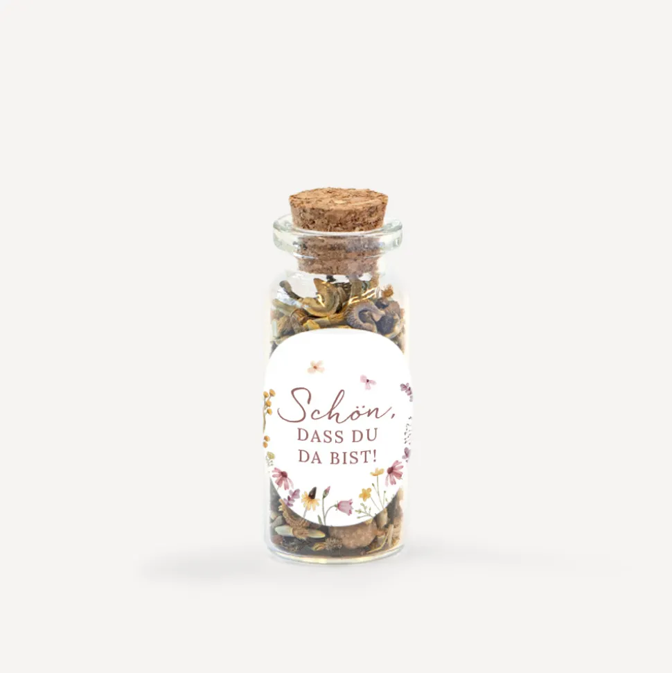 Gastgeschenk Mini Glasröhrchen mit Aufkleber "Wildromantische Blüten"