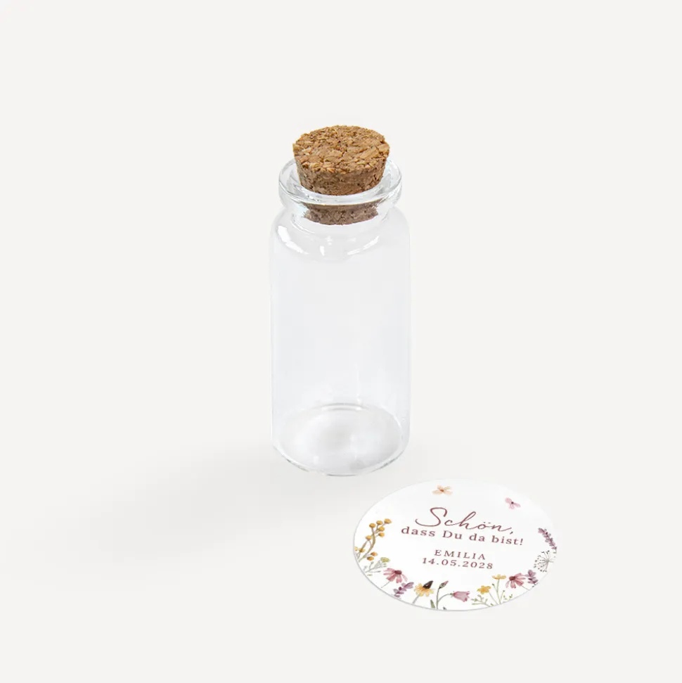 Gastgeschenk Mini Glasröhrchen mit Aufkleber "Wildromantische Blüten"