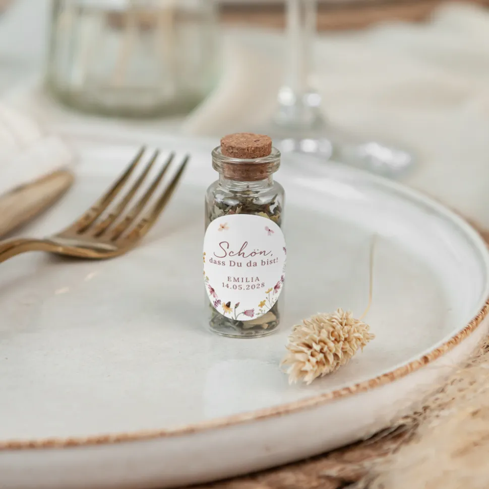 Gastgeschenk Mini Glasröhrchen mit Aufkleber "Wildromantische Blüten"