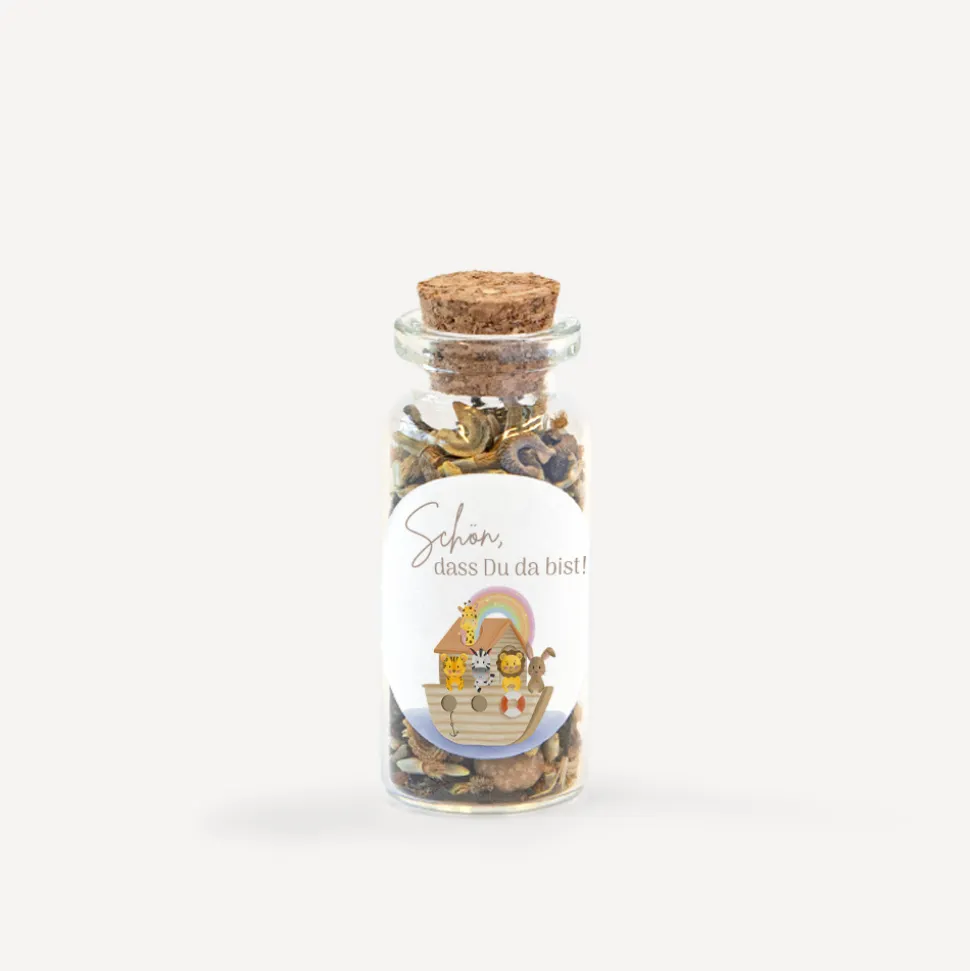 Gastgeschenk Mini Glasröhrchen mit Aufkleber "Arche Noah Regenbogen Pastell"