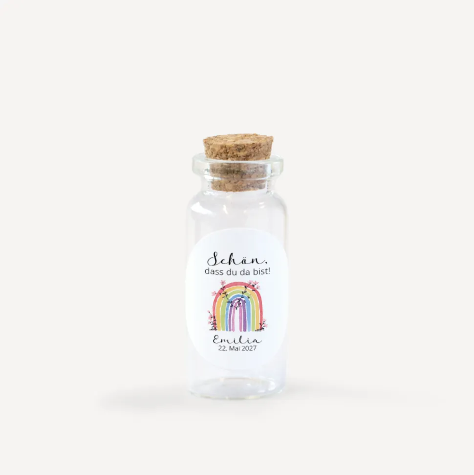 Gastgeschenk Mini Glasröhrchen mit Aufkleber "Regenbogen Vintage"