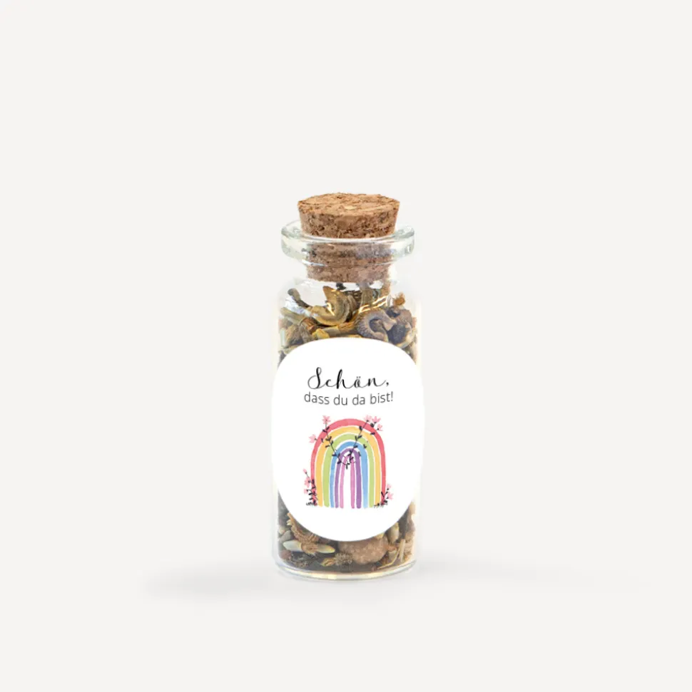 Gastgeschenk Mini Glasröhrchen mit Aufkleber "Regenbogen Vintage"