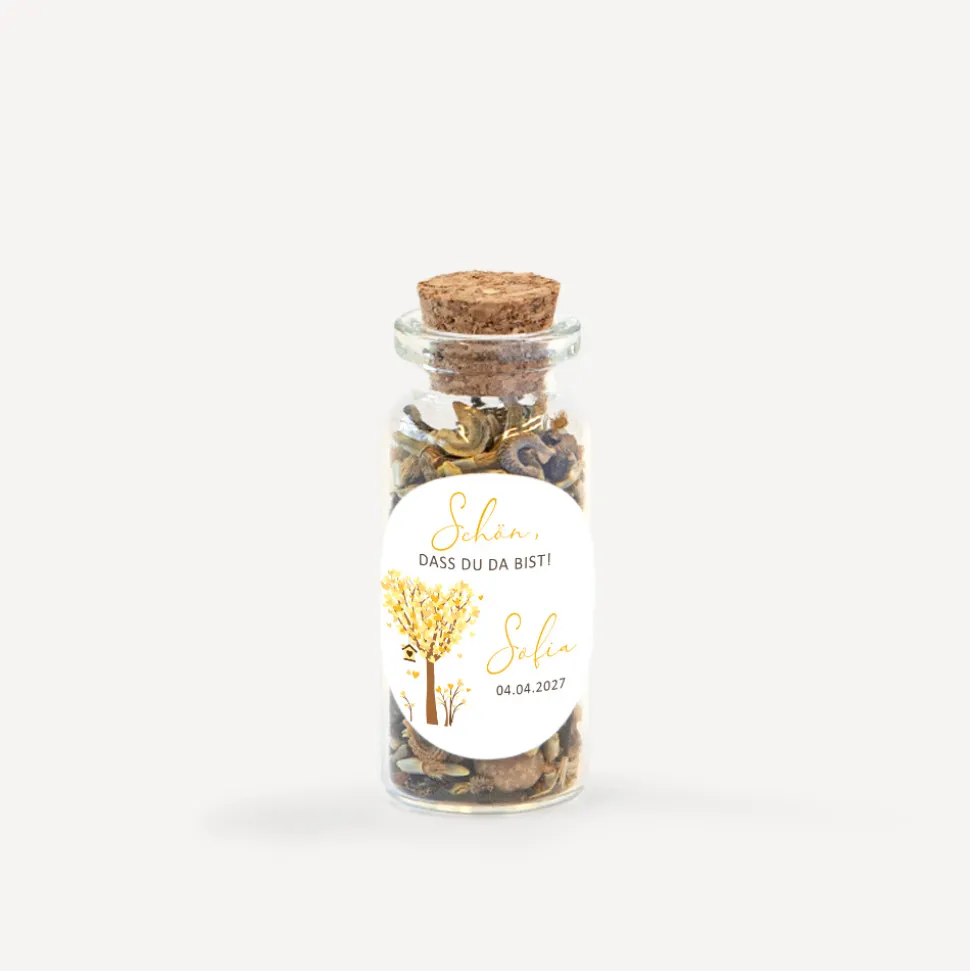 Gastgeschenk Mini Glasröhrchen mit Aufkleber "Baum Herzen"