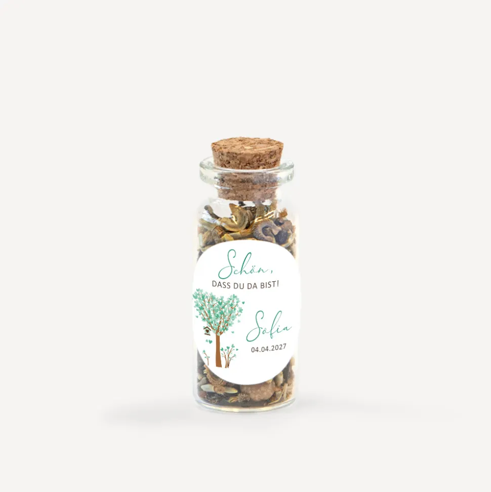 Gastgeschenk Mini Glasröhrchen mit Aufkleber "Baum Herzen"
