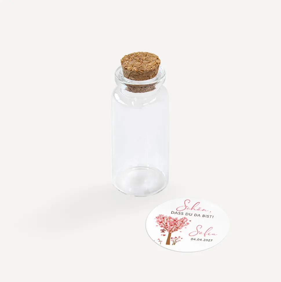 Gastgeschenk Mini Glasröhrchen mit Aufkleber "Baum Herzen"