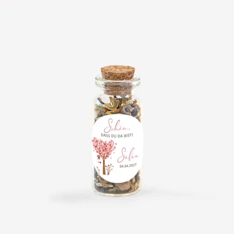 Gastgeschenk Mini Glasröhrchen mit Aufkleber "Baum Herzen"