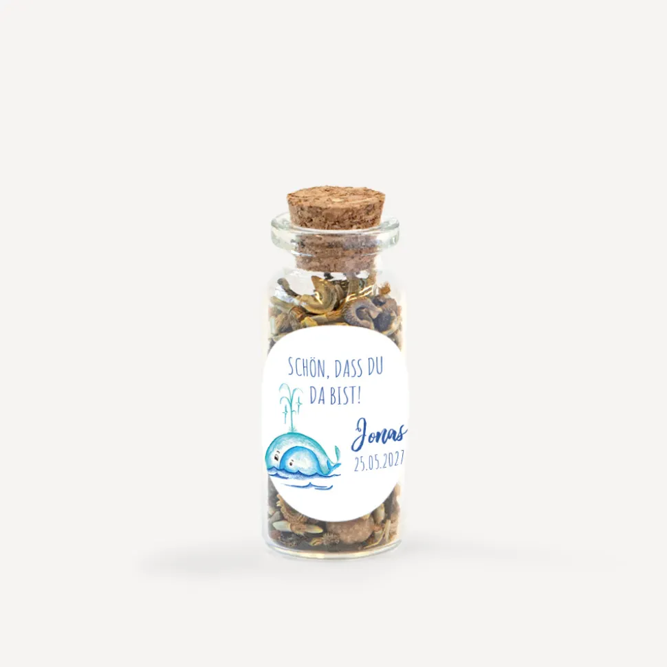 Gastgeschenk Mini Glasröhrchen mit Aufkleber "Wal"