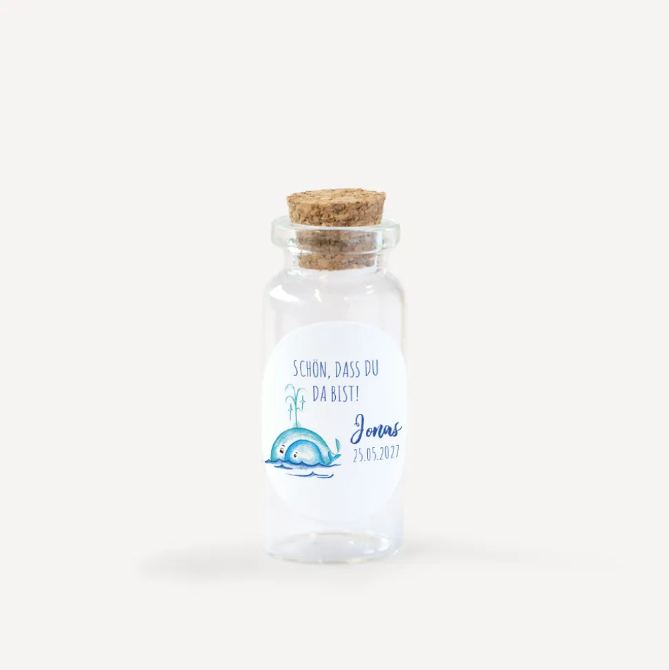 Gastgeschenk Mini Glasröhrchen mit Aufkleber "Wal"