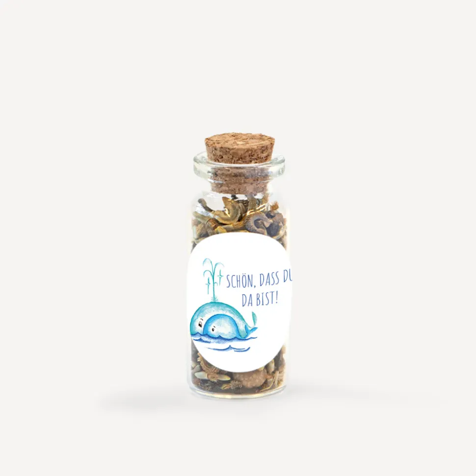 Gastgeschenk Mini Glasröhrchen mit Aufkleber "Wal"