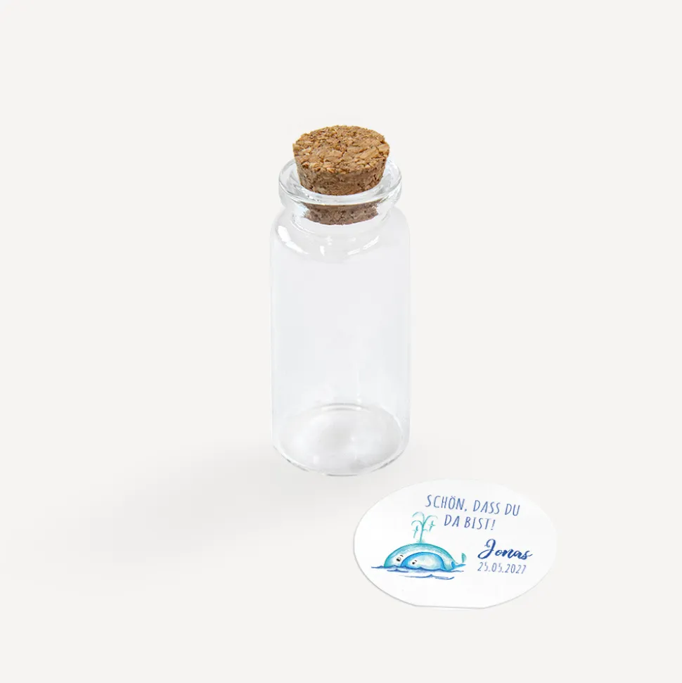 Gastgeschenk Mini Glasröhrchen mit Aufkleber "Wal"