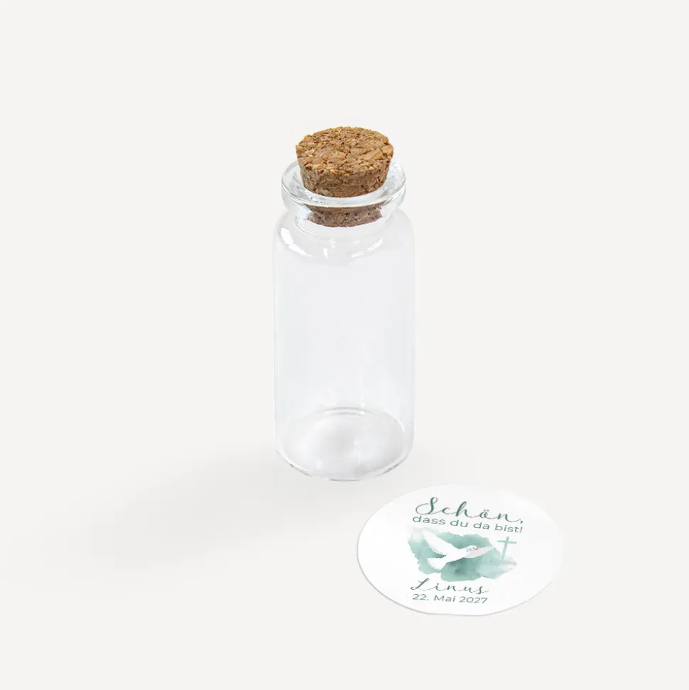 Gastgeschenk Mini Glasröhrchen mit Aufkleber "Taube"