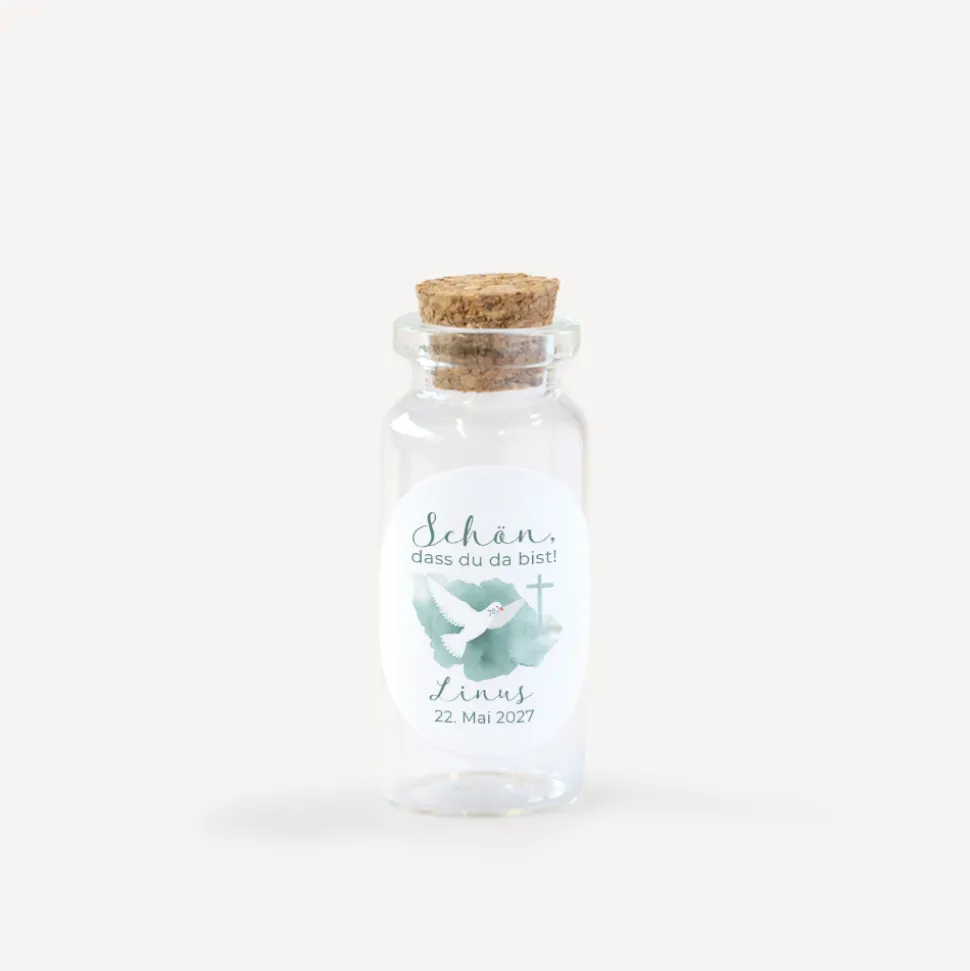 Gastgeschenk Mini Glasröhrchen mit Aufkleber "Taube"