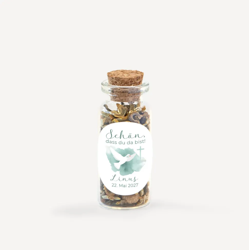 Gastgeschenk Mini Glasröhrchen mit Aufkleber "Taube"