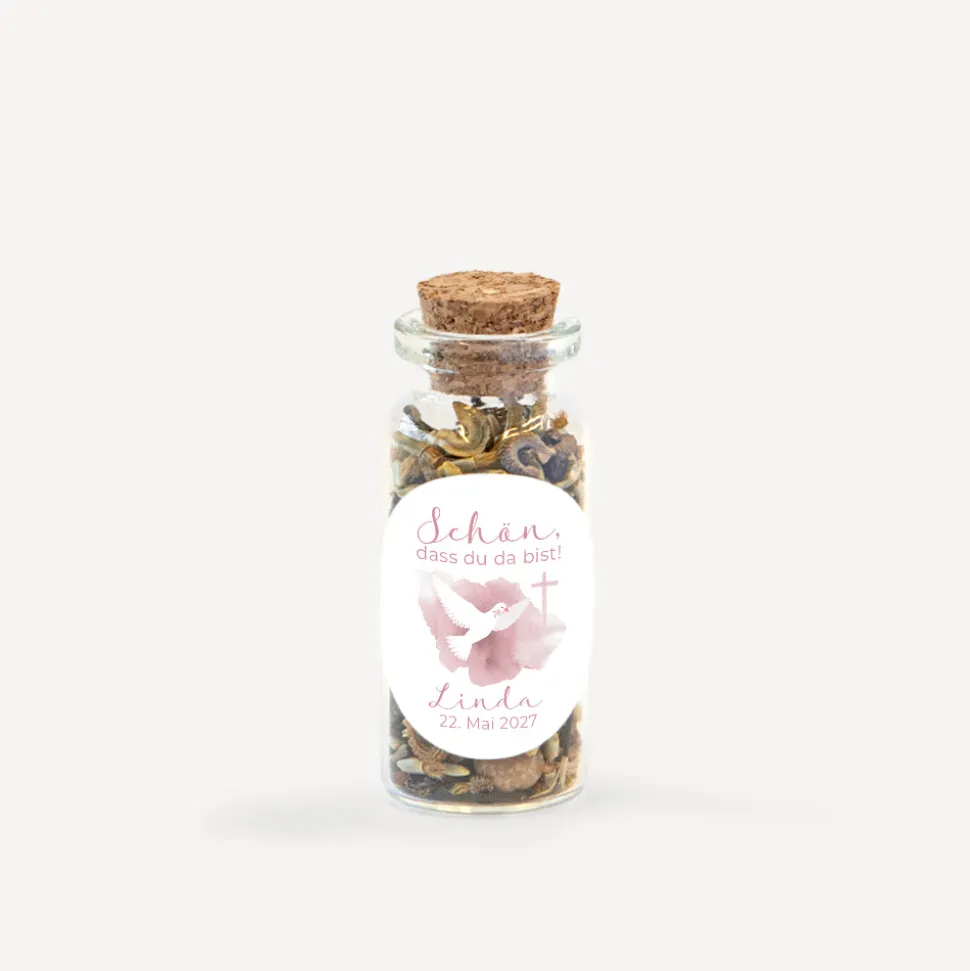 Gastgeschenk Mini Glasröhrchen mit Aufkleber "Taube"