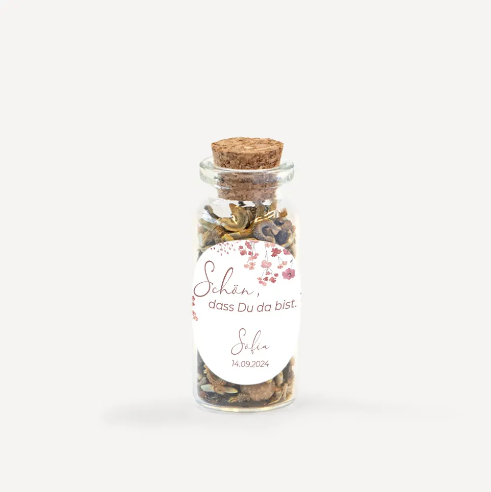 Gastgeschenk Mini Glasröhrchen + Aufkleber "Trockenblumen Blush"