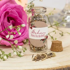 Gastgeschenk Mini Glasröhrchen mit Aufkleber "Vintage rote Blumen"