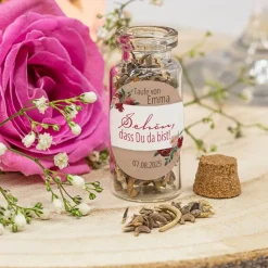 Gastgeschenk Mini Glasröhrchen mit Aufkleber "Vintage rote Blumen"