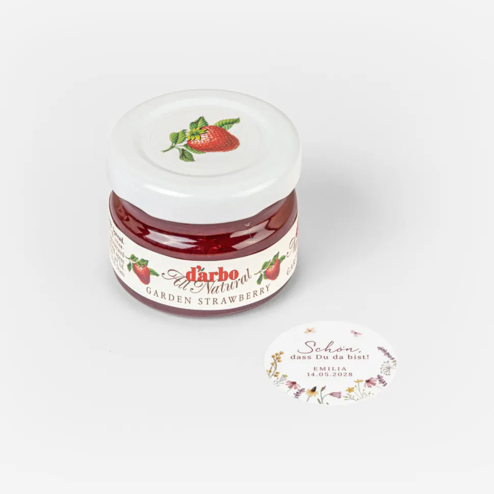 Gastgeschenk Mini Konfitüre mit Aufkleber "Wildromantische Blüten"