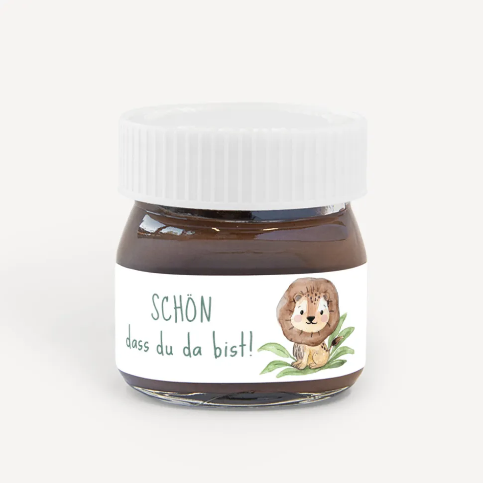 Gastgeschenk Mini Nutella Glas mit Aufkleber "Löwe Leo"