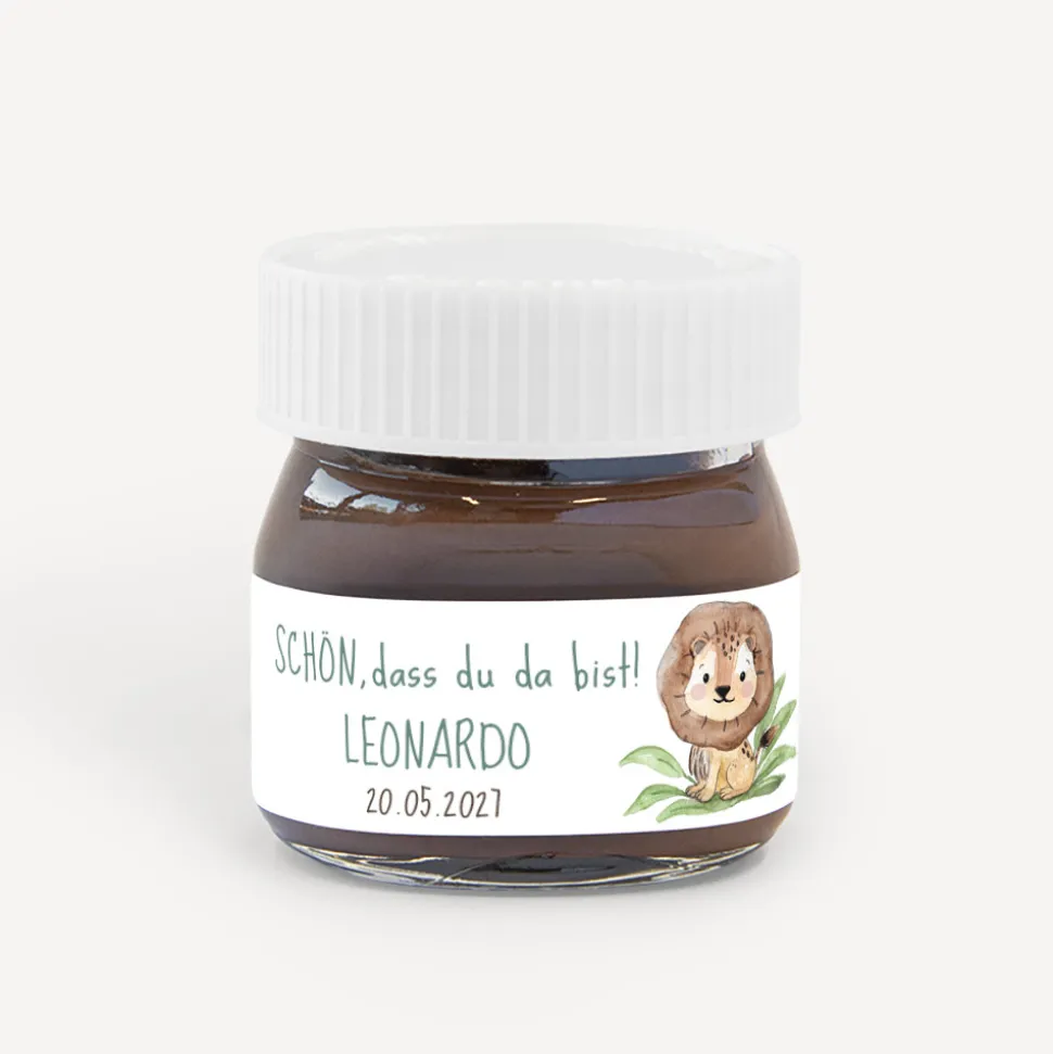 Gastgeschenk Mini Nutella Glas mit Aufkleber "Löwe Leo"