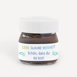 Gastgeschenk Mini Nutella Glas Junge "Liebe Glaube Weisheit"