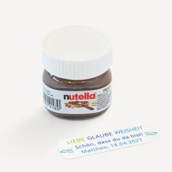 Gastgeschenk Mini Nutella Glas Junge "Liebe Glaube Weisheit"