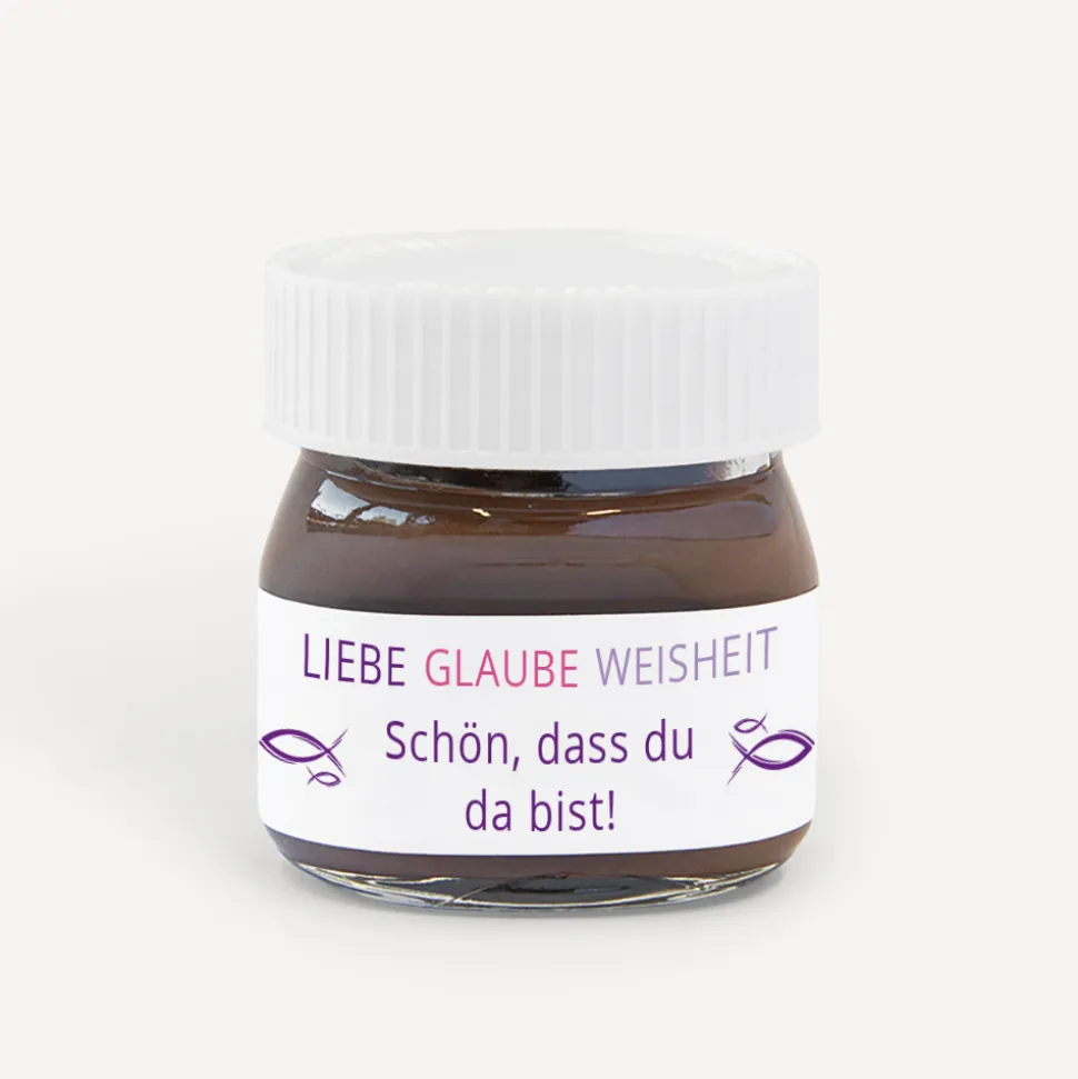 Gastgeschenk Mini Nutella Glas Mädchen "Liebe Glaube Weisheit"