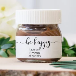 Gastgeschenk Mini Nutella Glas + Aufkleber be happy