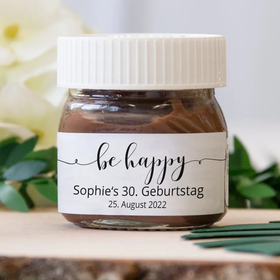 Gastgeschenk Mini Nutella Glas + Aufkleber be happy