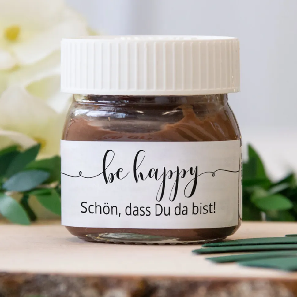Gastgeschenk Mini Nutella Glas + Aufkleber be happy