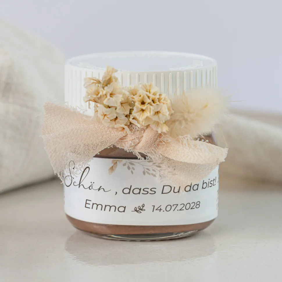 Gastgeschenk Mini Nutella Glas + Aufkleber "Trockengras"