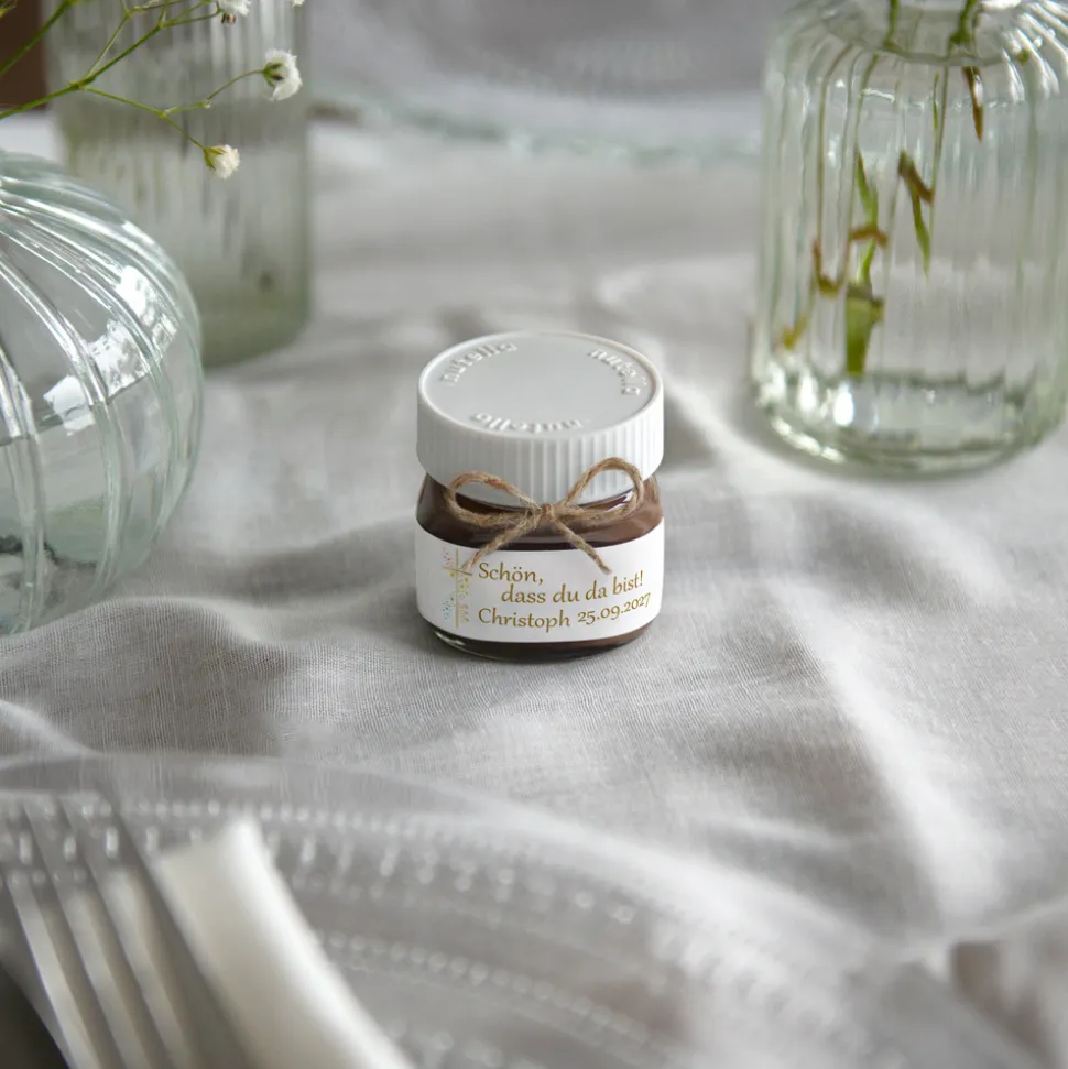 Gastgeschenk Mini Nutella Glas mit Aufkleber "Kreuz mit Symbolen"
