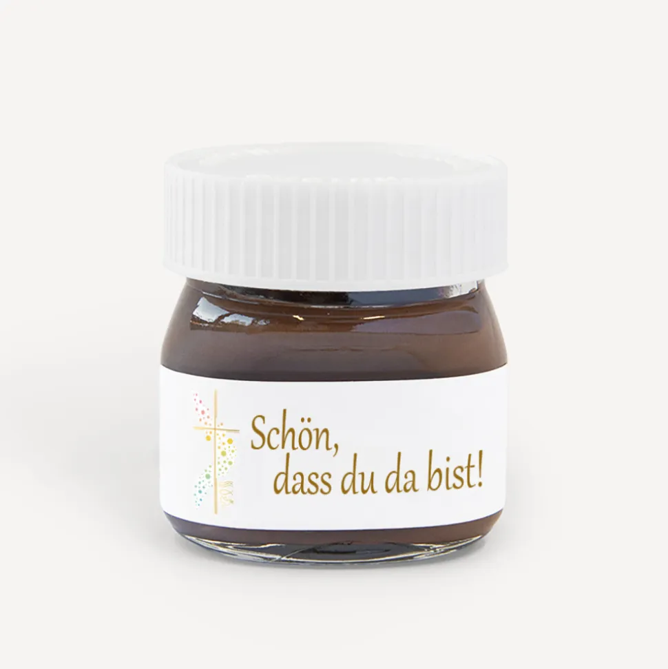 Gastgeschenk Mini Nutella Glas mit Aufkleber "Kreuz mit Symbolen"