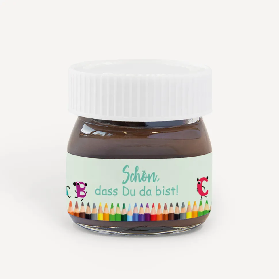 Gastgeschenk Mini Nutella Glas mit Aufkleber "Stifte ABC"