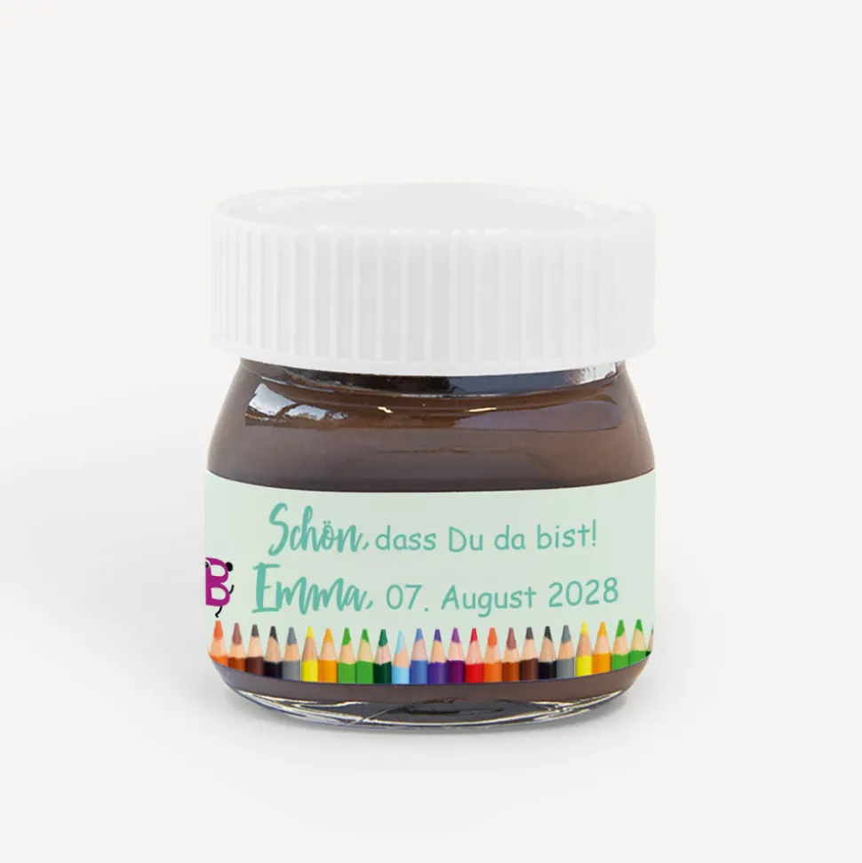 Gastgeschenk Mini Nutella Glas mit Aufkleber "Stifte ABC"
