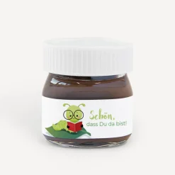 Gastgeschenk Mini Nutella Glas mit Aufkleber "Bücherwurm"