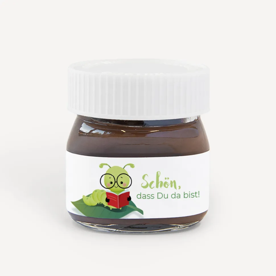 Gastgeschenk Mini Nutella Glas mit Aufkleber "Bücherwurm"