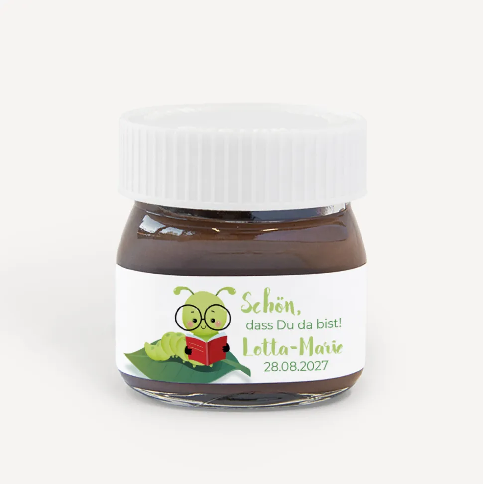 Gastgeschenk Mini Nutella Glas mit Aufkleber "Bücherwurm"