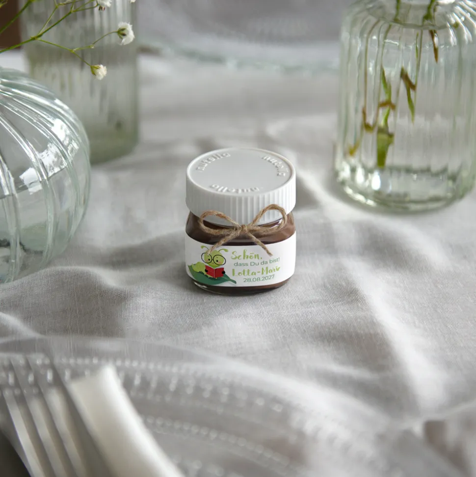Gastgeschenk Mini Nutella Glas mit Aufkleber "Bücherwurm"