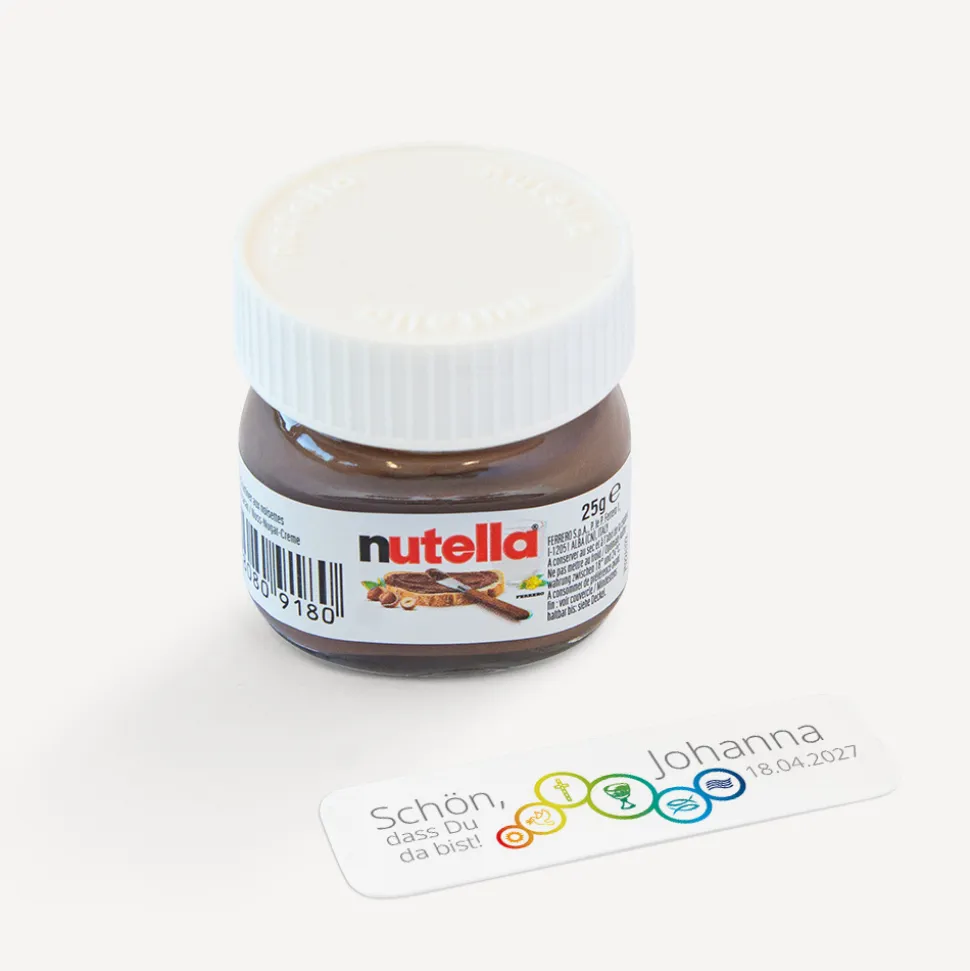 Gastgeschenk Mini Nutella Glas mit Aufkleber "Regenbogen Symbole"