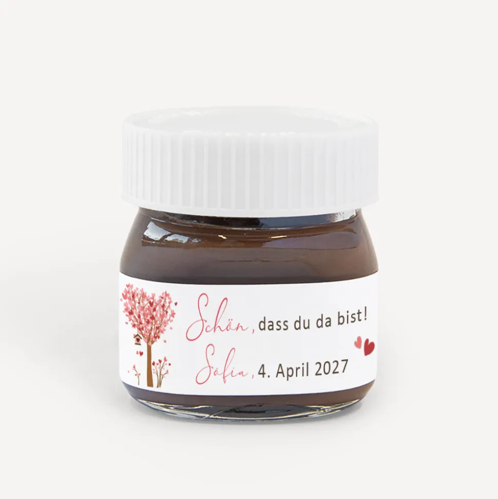 Gastgeschenk Mini Nutella Glas "Baum Herzen"