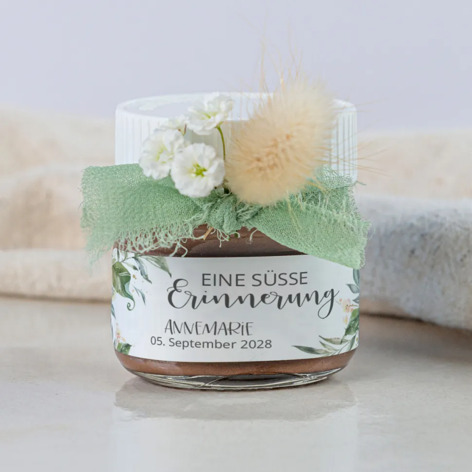 Gastgeschenk Mini Nutella Glas + Aufkleber Green Magic